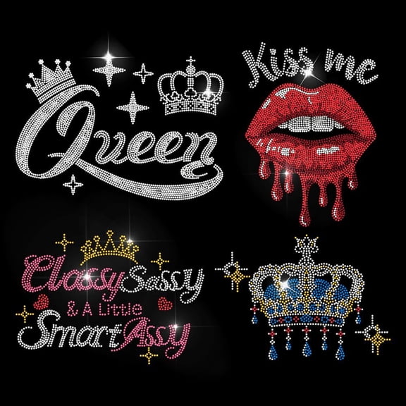 4Pcs Queen Red Lips Iron on Rhinestone Decal Kiss Me Lip Hotfix Transfer Sticker Heat Transfer Patch Bling Clothing Repair Applique for T-Shirt Hat Jacket Garment Bag DIY Decor Colorful