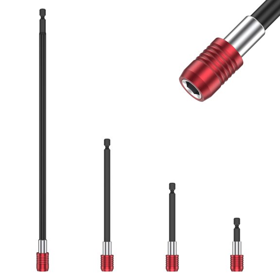 4Pcs Quick Change Drill Bit Extender Bar 60/100/150/300mm Long Reach Screwdriver Bit Holder with Aluminum Guide Sleeve for Tight Spaces Black Red