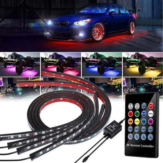 4Pcs RGB LED Car Neon Strip Under Car Tube Underglow Underbody System Atmosphere Decorative Bar Lights Kit with Remote Control and Music Accent for SUVs,Trucks, Motorcycle, Boats