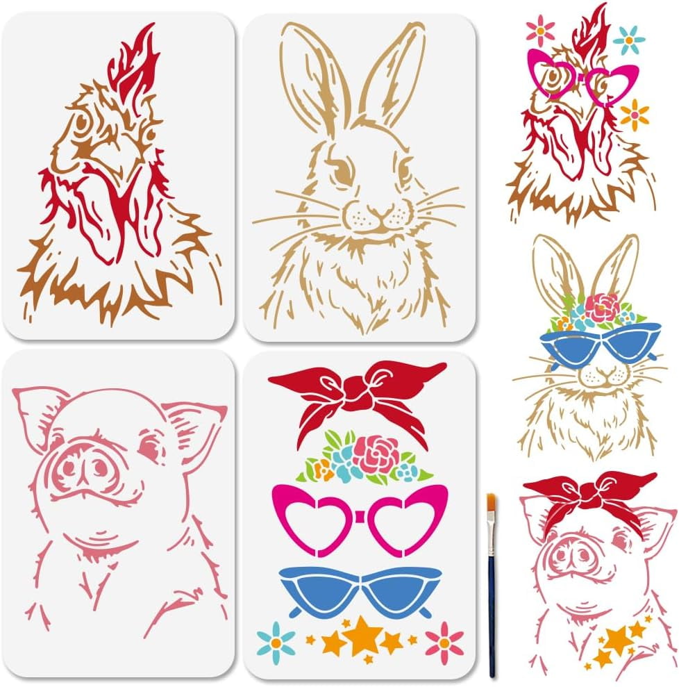 4Pcs Rabbit Rooster Pig Sunglasses Stencils 11.7×8.3inch Reusable Hiphop  Chicken Stencil for Painting Bunny Templates with Paint Brush for Window  Wood ..., image size:978x989