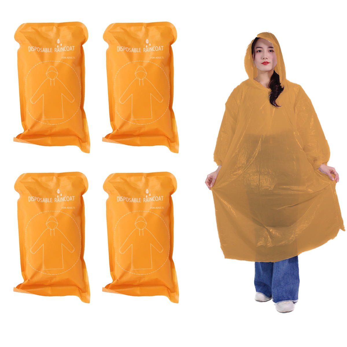 4Pcs Rain Ponchos For Adults - Clear Thick Disposable Raincoat Waterproof  With Hood And Elastic Sleeves For Men And Women-orange 