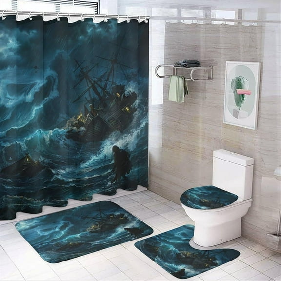 4Pcs Rain Sailboat Ocean Shower Curtain Set with Toilet Lid Cover Non-Slip Rugs for Bathroom, Ancient Pirate Ship Wave Shower Curtain Bathroom Sets with Hooks, 72x72 Inch