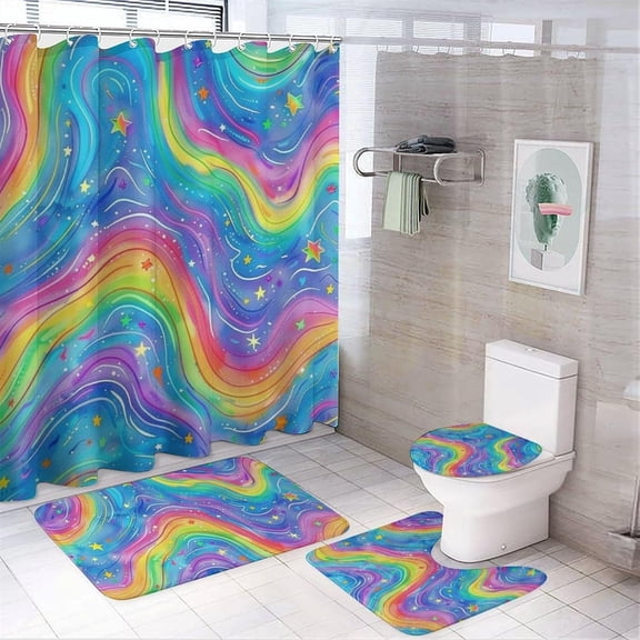4Pcs Rainbow Striped Shower Curtain Sets with Rugs, Toilet Lid Cover and Bath Mat, Fantasy Star Sky Pattern Novelty Bathroom Shower Curtains Set with 12 Hooks