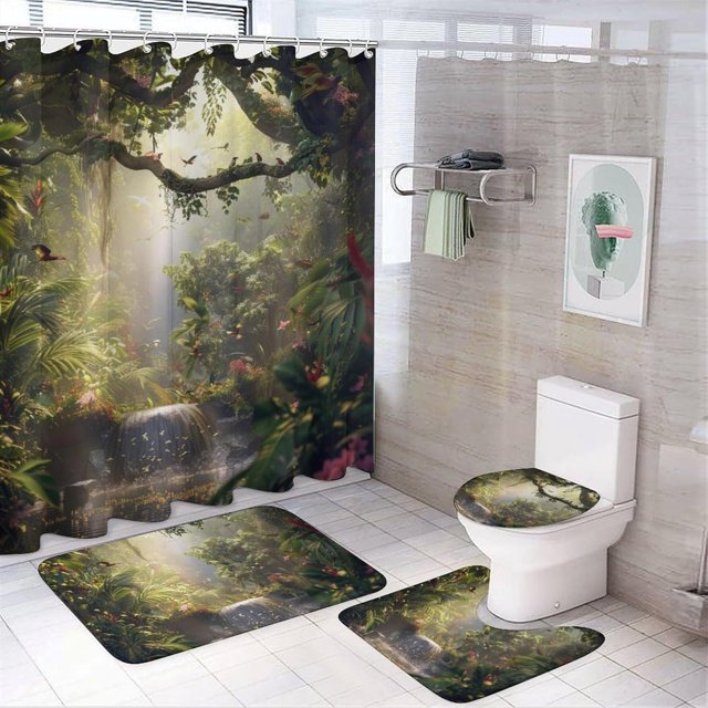 4Pcs Rainforest Waterfall Shower Curtain Set with Rugs, Toilet Lid