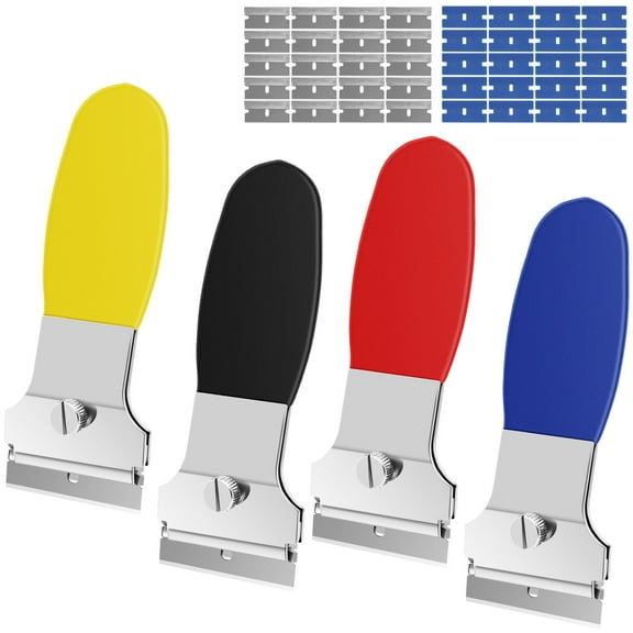 4Pcs Razor Blade Scraper, 4inch Multi-Purpose Scraper Cleaning Tool with 20 Metal and 20 Plastic Blades for Removing Stickers, Papers, Food Residue, Paint, Glue from Oven, Window