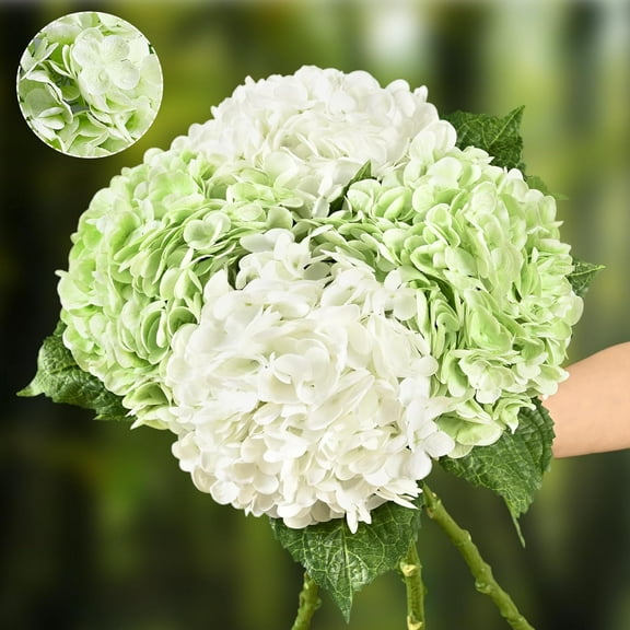 4Pcs Real Touch Hydrangea Artificial Flowers, Green & White Fake Hydrangea Flowers, 21" Lifelike Latex Faux Hydrangea Flowers for Wedding Bouquet Home Decor Centerpieces