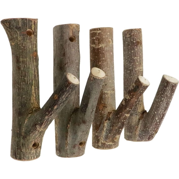 4Pcs Real Wood Tree Branch Wall Hook, Farmhouse Rustic Decorative Wooden with Bark Trunk Thickness 2cm-3cm with Screw
