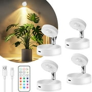 4Pcs Rechargeable LED Spotlight For Indoor, Wireless RGB Battery Operated Spot Light With Remote, Magnetic Picture Lamp With Rotatable Head, Ceiling Uplight Puck Lights For Plant Portrait Artwork