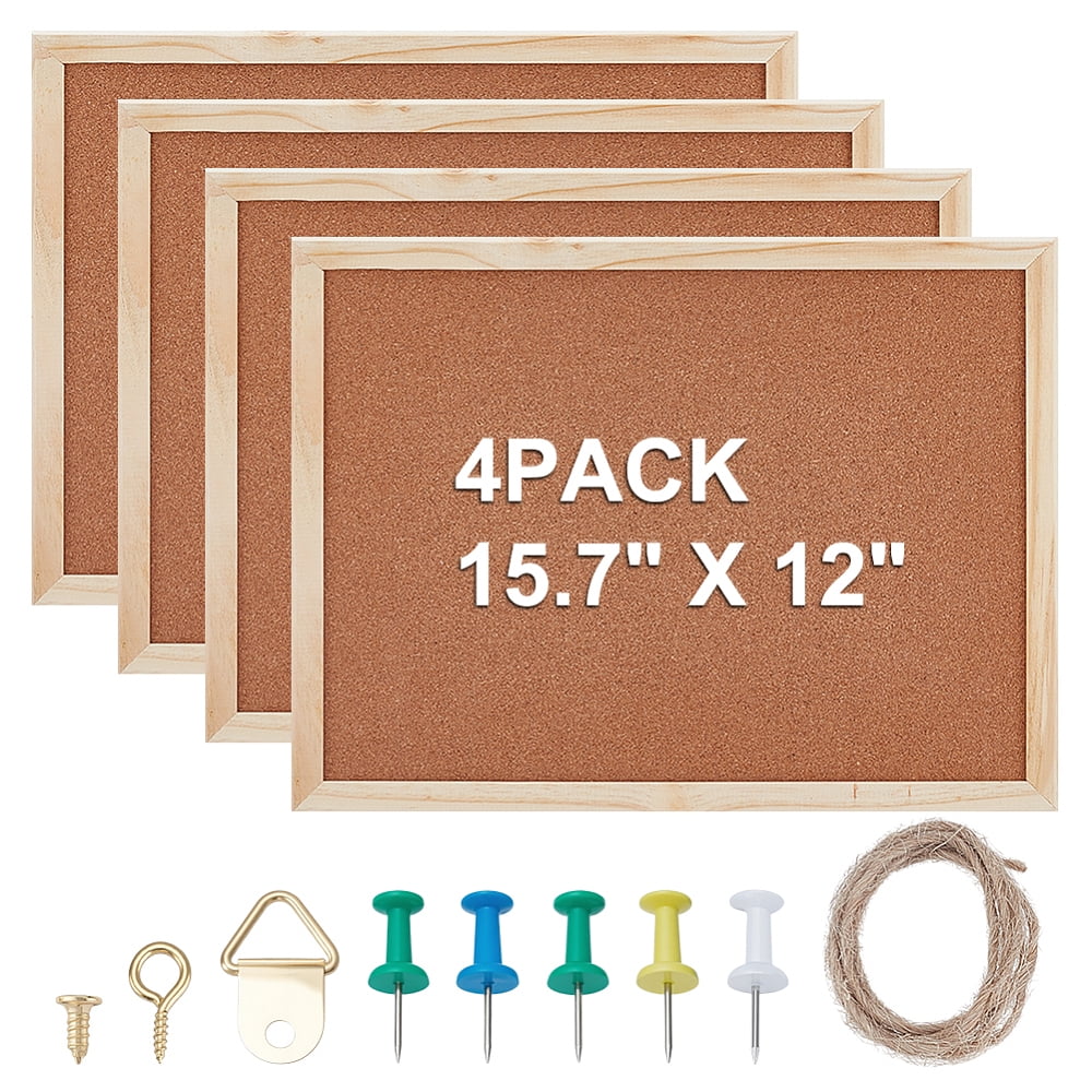 4Pcs Rectangle Cork Bulletin Board Message Board for Home Office School with Zinc Alloy Hook Hangers Tan 400x300x14mm for diy