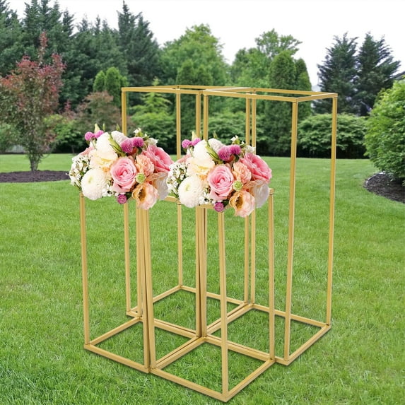 4Pcs Rectangular Floor Stand Gold Metal Column Flower Stand, Wedding Party Backdrop Centerpiece Rack