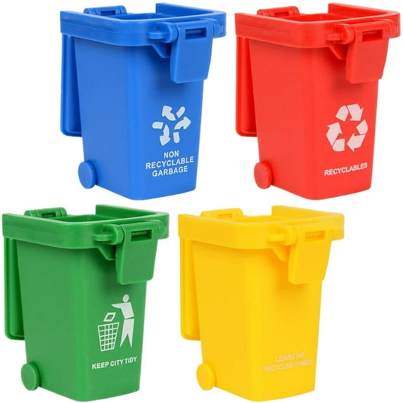 4Pcs Recycling Bin Desktop Decorations, Cyenie Multicolor Plastic Desktop Ornament, 4Pc Trash Can Toy Garbage Truck'S Trash Cans Curbside Vehicle Garbage Trashcan Great for Kids Toddlers