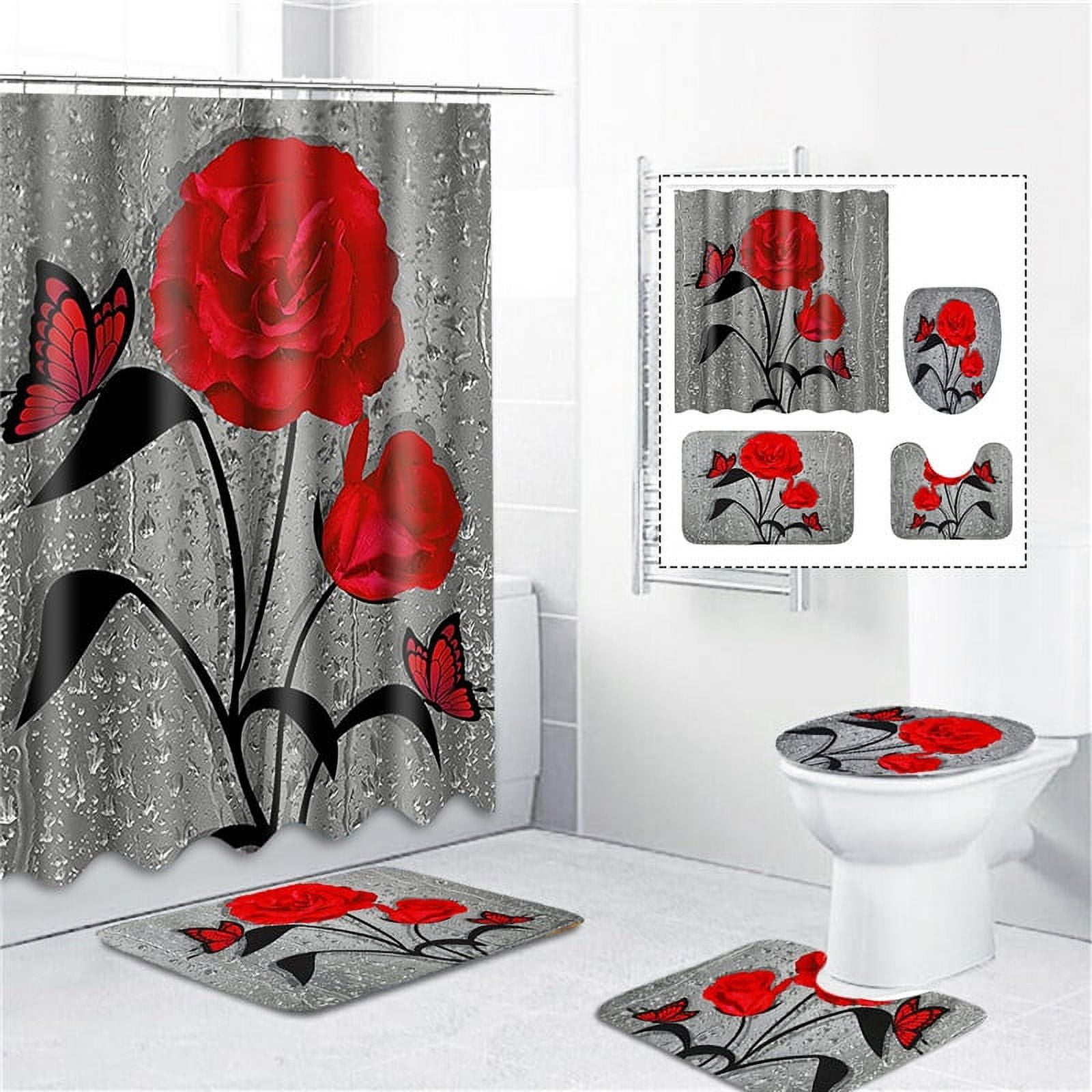4 Pcs Bathroom Shower Curtain Set,Waterproof Red Rose Valentine's Day Shower Curtain Sets with Rugs(Bath Mat, Pedestal Rug and Toilet Lid Cover Mat)