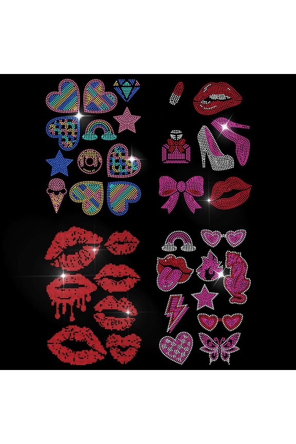 4Pcs Red Lips Iron on Rhinestone Decal Pink Beauty Hotfix Transfer Sticker High Heels Heat Transfer Patch Bling Clothing Repair Applique for T-Shirt Hat Jacket Garment Bag DIY Decor
