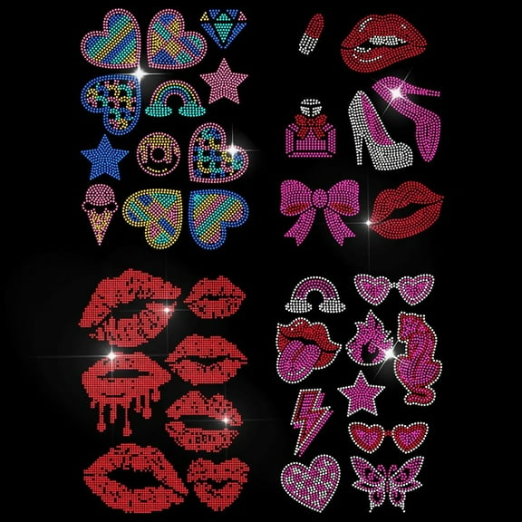 4Pcs Red Lips Iron on Rhinestone Decal Pink Beauty Hotfix Transfer Sticker High Heels Heat Transfer Patch Bling Clothing Repair Applique for T-Shirt Hat Jacket Garment Bag DIY Decor Colorful