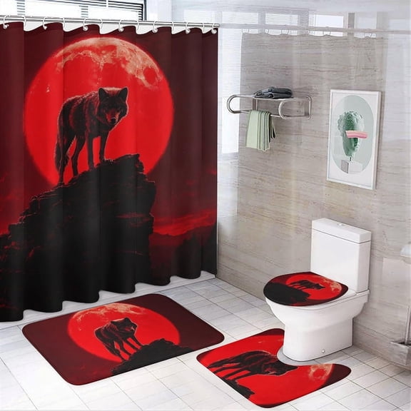 4Pcs Red Moon Fantasy Shower Curtain Set with Rugs, Toilet Lid Cover and Bath Mat, Rock Mountain Wolf Animal Bathroom Curtains Decor Shower Curtains, 72" x 72"