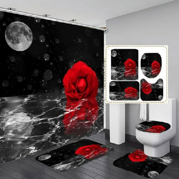 4Pcs Red Rose Shower Curtain Sets, Floral Gold Butterfly Sparks Curtain with Non-Slip Rug,Toilet Lid Cover,U Shape Mat,Curtain with 12 Hooks Bathroom Decor Sets,Gold