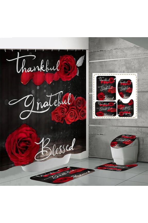 4Pcs Red Rose Shower Curtain Sets, Thankful Grateful Blessed Bathroom Curtain with Non-Slip Rug, Toilet Lid Cover, Bath Mat and 12 Hooks, Romantic Showy Floral Wedding Decor for Bath