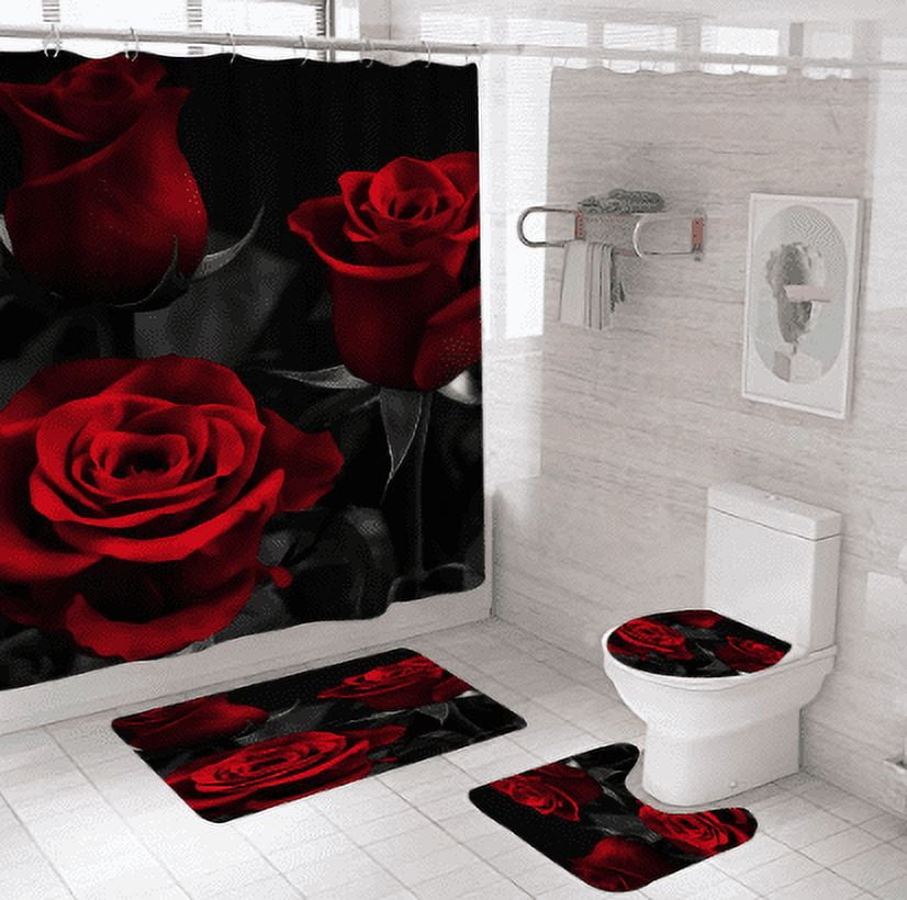 4Pcs Red Rose Shower Curtain Sets Three Red Rose Bathroom Curtain with Non-Slip Rug, Toilet Lid Cover, Bath Mat and 12 Hooks, Romantic Showy Floral Wedding Decor for Bath