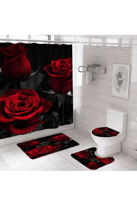 4Pcs Red Rose Shower Curtain Sets Three Red Rose Bathroom Curtain with Non-Slip Rug, Toilet Lid Cover, Bath Mat and 12 Hooks, Romantic Showy Floral Wedding Decor for Bath