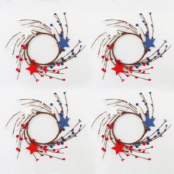 4Pcs Red White & Blue Star Mixed Pip Berry Candle Rings Wreaths 4 Inch Center, Patriot July 4th Berries Small Wreath Americana Patriotic Mini Candle Holder Rings for Pillar Candle Tabletop Decor