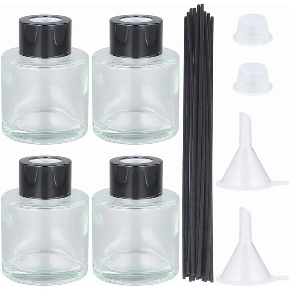 4Pcs Refillable Diffuser Bottles Fragrance Diffuser Glass Bottles 50ml(1.69fl. oz) with 20Pcs Reeds Sticks and 4Pcs Funnel Empty Black Aromatherapy Jars Sets DIY