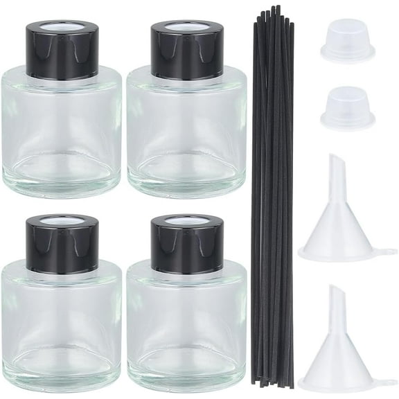 4Pcs Refillable Diffuser Bottles Fragrance Diffuser Glass Bottles 50ml(1.69fl. oz) with 20Pcs Reeds Sticks and 4Pcs Funnel Empty Black Aromatherapy Jars Sets for Home Oil Fragrance Decoration