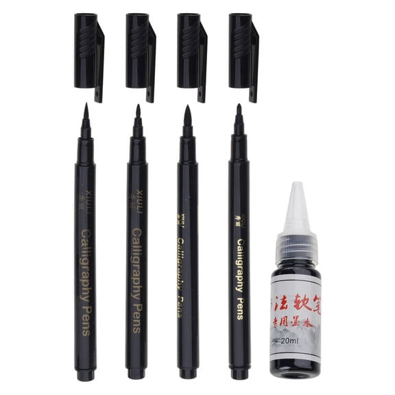 4Pcs Refillable Soft Tip Art Brush Pen with Fine Point and 25ML Black Inks Bottle for Sketching Handwriting Practice
