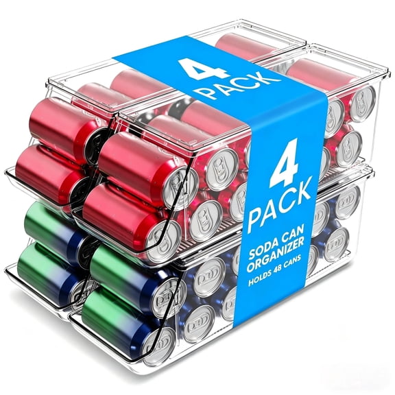 4 Pack Soda Can Organizer, Clear Refrigerator Organizer with Lids, Stackable Organizers for Pantry, Freezer, Kitchen – Holds 48 Cans