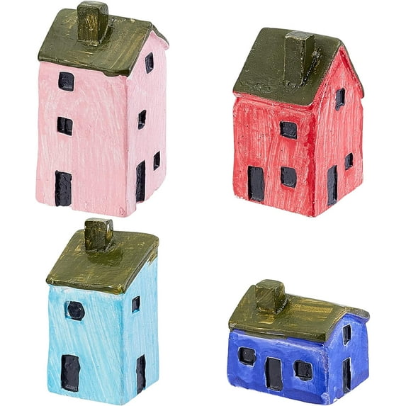 4Pcs Resin Village House Miniature Fairy House Mini Resin House Fairy Cottage House Pink & Dark Blue & Light Blue & Red Fairy Cottage House DIY Decoration