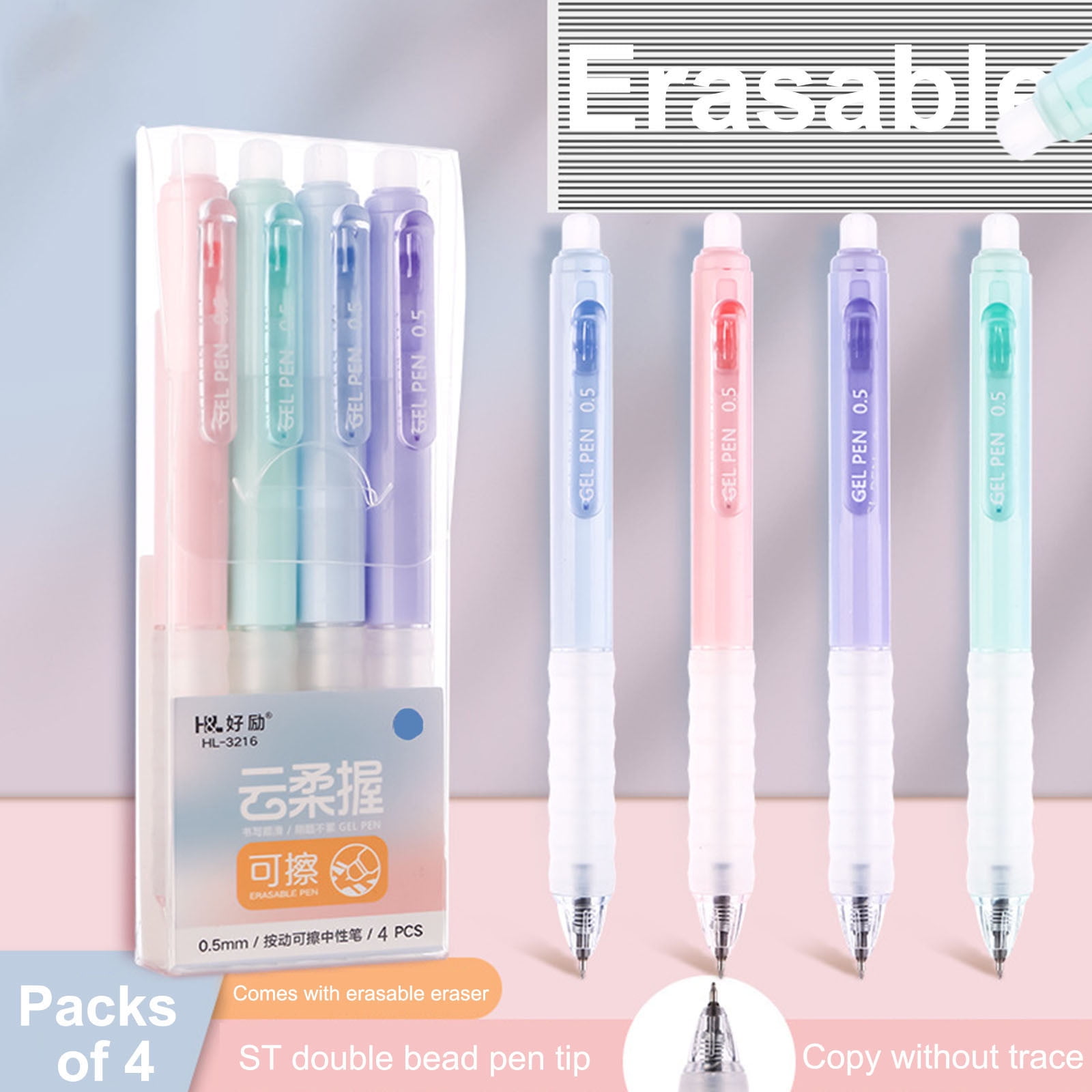 4Pcs Retractable Gel Pens,0.5mm Erasable Gel Pen with Rubbers,Blue and ...