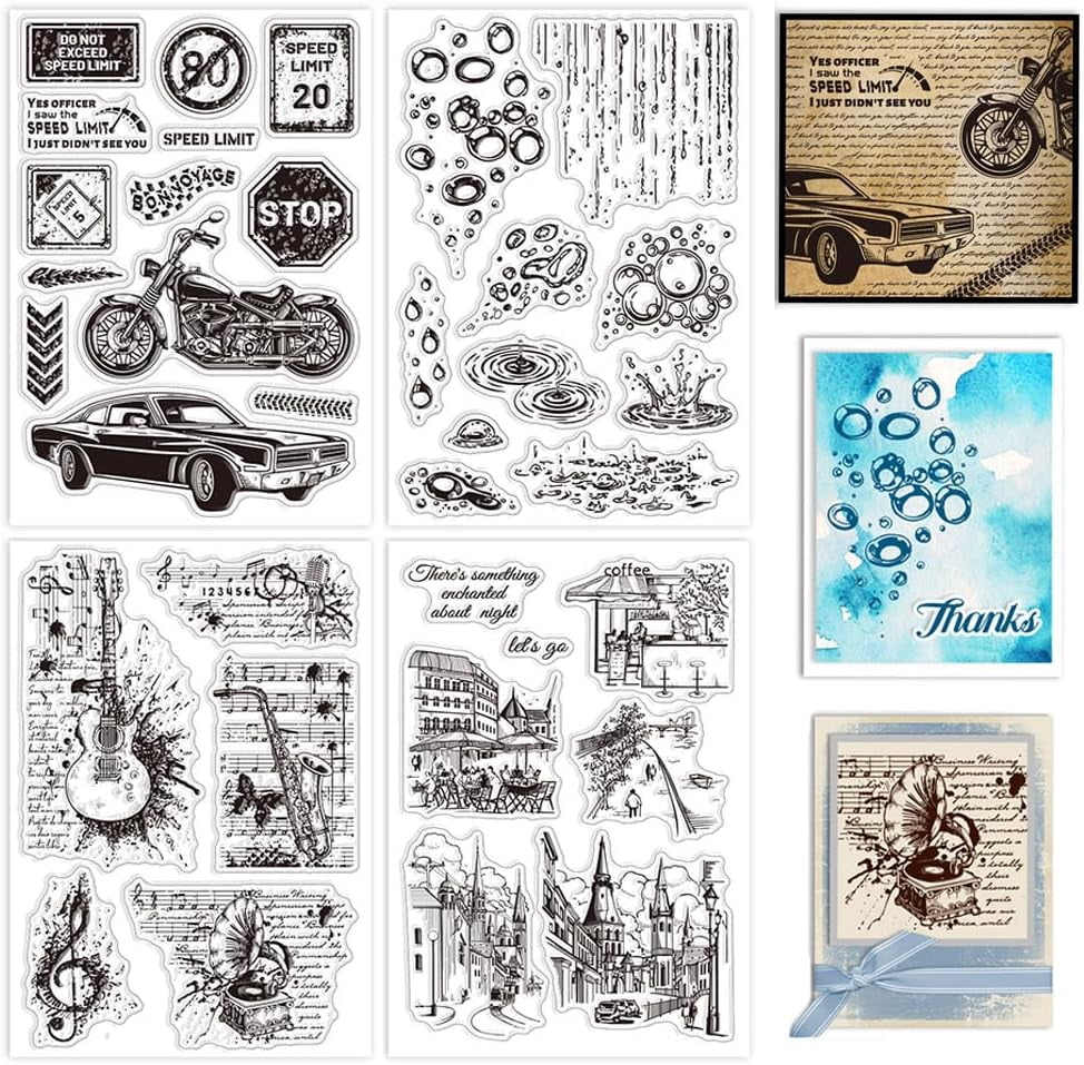 4Pcs Retro Car Music Clear Stamps for DIY Scrapbooking Rain Background ...