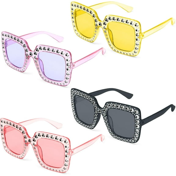 4Pcs Retro Rhinestone Sunglasses, Square, 80s, Festival, Novelty Sunglasses Adult for Shopping Outings, Beach Games, Wedding Photo Shoots, Party Dress-Up