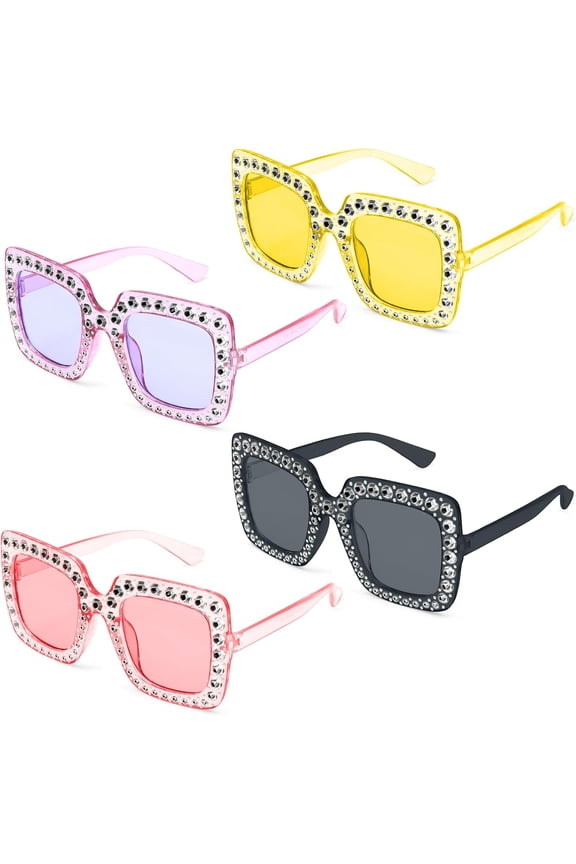 4Pcs Retro Rhinestone Sunglasses, Square, 80s, Festival, Novelty Sunglasses Adult for Shopping Outings, Beach Games, Wedding Photo Shoots, Party Dress-Up