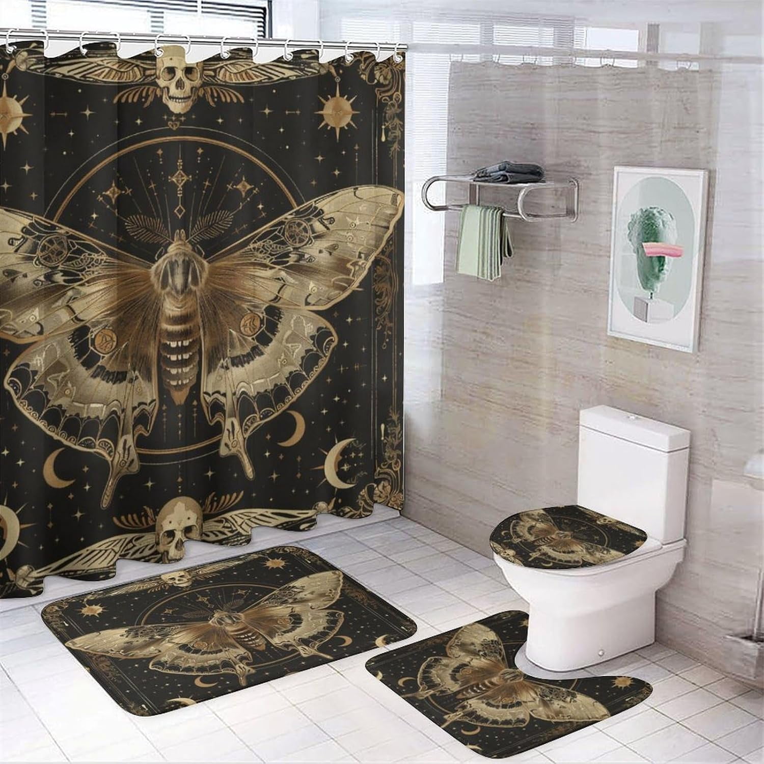 4Pcs Retro Star Moon Moth Shower Curtain Sets Bathroom Decor, Gothic Halloween Butterfly Scary ...