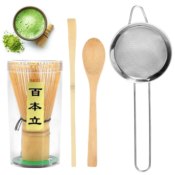 Matcha Whisk Set with Bamboo Matcha Whisk, Tea Scoop and Stainless Steel Strainer, Traditional Matcha Tea Making Kit for Home Tea Preparation