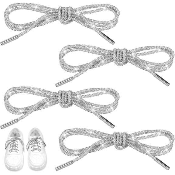 4Pcs Rhinestone Glitter Rope Round Shoelaces Crystal Drawstring Bling Shiny String Replacement Laces for Boots Hoodies Rave Costumes Festival Accessories 47" Length Silvery