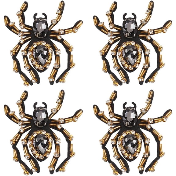 4Pcs Rhinestones Beaded Spider Patches Applique Black Sew on Patches Bling Embroidered Diamond for Clothes Decoration Hat Dress Fabric Craft Sewing DIY