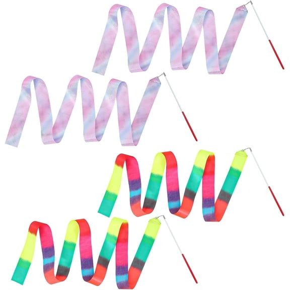 4Pcs Rhythmic Dance Ribbons Wands, 78.7inch Rainbow Gymnastics Ribbons Powder Purple Twirling Baton Long Ribbon Streamers for Kids Artistic Dance, Circus, Carnival Shows, Baton Stick Twirling