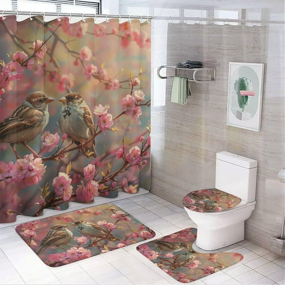 4Pcs Romantic Floral Shower Curtain Set with Rugs, Toilet Lid Cover and Bath Mat, Purple Tree Leaf Branch Bird Bathroom Curtains Decor Shower Curtains, 72" x 72"