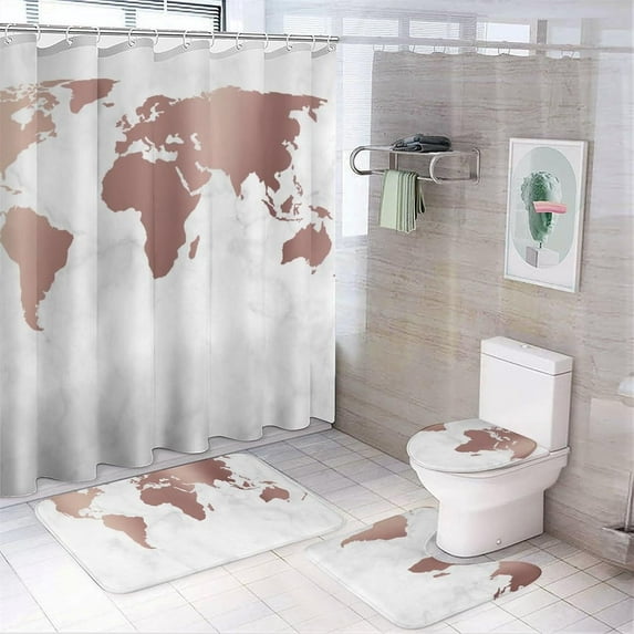 4Pcs Rose Gold Marble Shower Curtain Sets, Bathroom Set Decor with Non-Slip Bath Mat, Toilet Lid Rug and Contour Mat, 72 x 72inch
