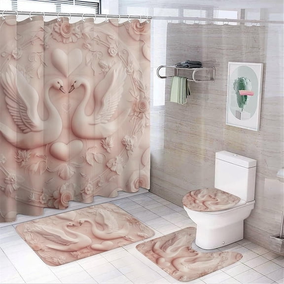 4Pcs Rose Swan Shower Curtain Set with Rugs, Toilet Lid Cover and Bath Mat, Romantic Floral White Goose Animal Bathroom Curtains Decor Shower Curtains, 72" x 72"