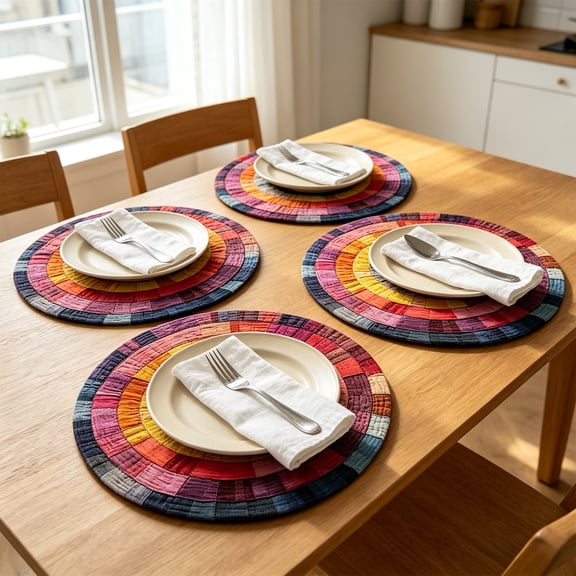 4Pcs Round Boho Linen Placemats Woven Cotton Macrame Table Mats for Dining Table Farmhouse Kitchen Rustic Home Decor Heat Insulation Pad