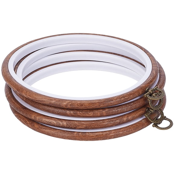 4Pcs Round Embroidery Hoop Plastic Circular Frame Alloy Hanging Ring Display Vintage Stitch Ornament Bulk Walnut Decorative Imitation Wood Hoops