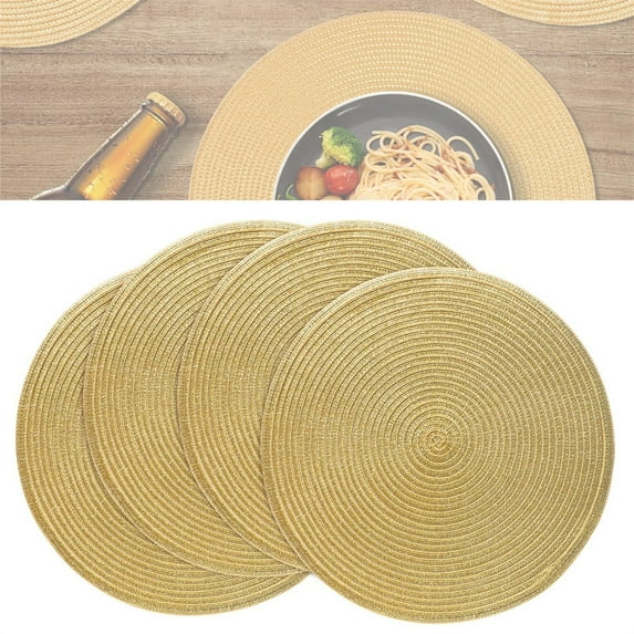 4Pcs Round Hand Woven Mats,Heat Resistant Placemat,Anti-Skid Washable Table Mats,Braided Dining Pads,Household Insulation Mat,for Home Kitchen Restaurant Decor Gold