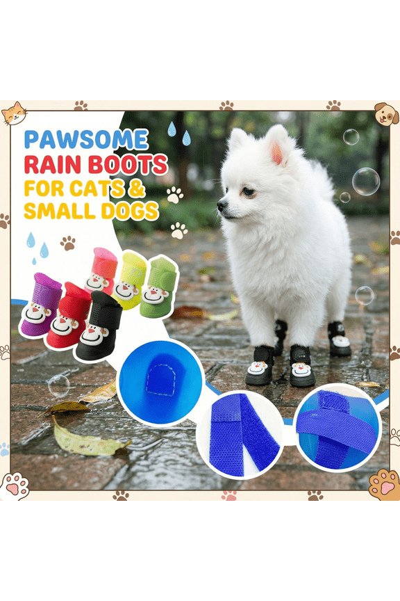 4Pcs Rubber Puppy Rain Shoes Waterproof Pet Booties with Anti-Slip Flexible Soles and Adjustable Straps for Small Dogs and Cats, Pink M