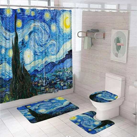 4Pcs Rural Oil Painting Landscape Shower Curtain Set Farmhouse Village Flower Bathroom Decor Screen Non-Slip Bath Rug Toilet Mat