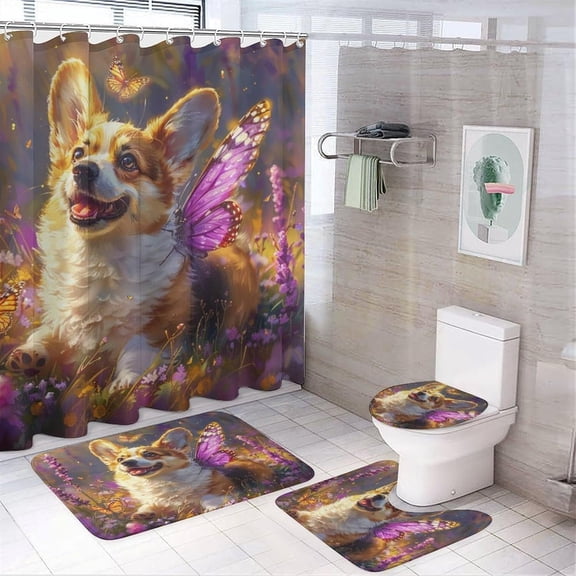 4Pcs Rustic Dog Butterfly Shower Curtain Sets Bathroom Decor, Lovely Corgi Floral Animal Shower Curtain with Non Slip Rug, Toilet Lid Cover, Bath Mat and 12 Hooks 72W x 72L