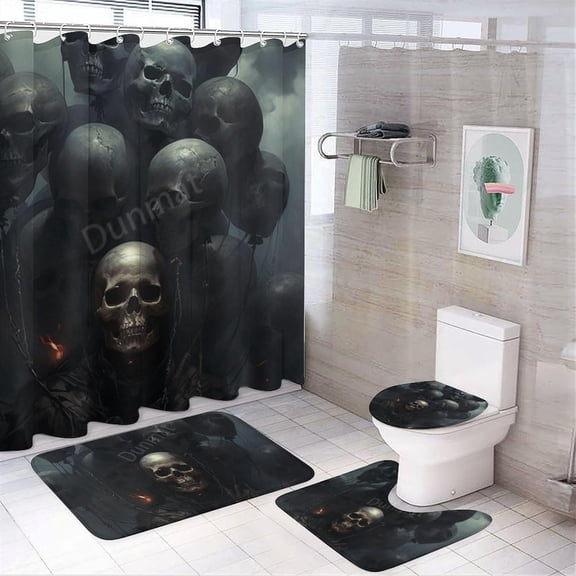 4Pcs Rustic Fantasy Skull Bathroom Sets with Shower Curtain Sets Rugs Mats Black Skeleton Balloon Landscape Bathroom Decorations Sets with Non Slip Rugs Toilet Lid Cover Bath Mat, Style-2