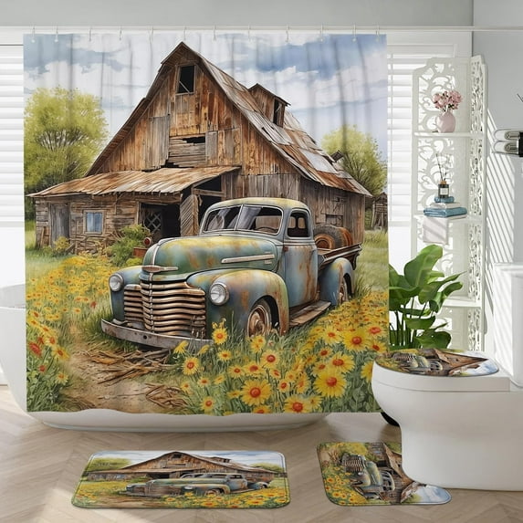 4Pcs Rustic Farm Truck Shower Curtain Sets with Non-Slip Rug, U Shape and Toilet Lid Cover Mat, Farmhouse Home Bathroom Decor Set Accessories with 12 Hooks, 72 x 72 Inch