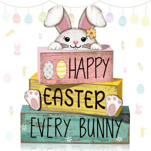 4Pcs Rustic Farmhouse Happy Easter Tiered Tray Decor Set Cute Bunny Colorful Egg Ornaments Spring Indoor Outdoor Table Centerpiece for Living Room Dining Table Party Decor